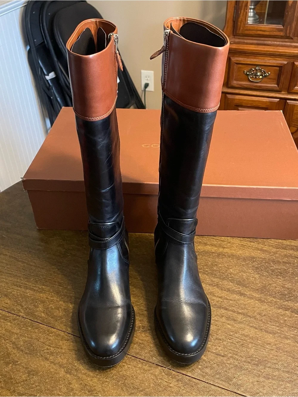 Coach Black Leather Tall Riding Boots with Brown Cuff - Picture 3 of 6